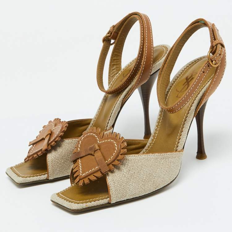 Pre Owned Yves Saint Laurent Beige/Brown Canvas and Leather Ankle Strap Sandals Size 39.5