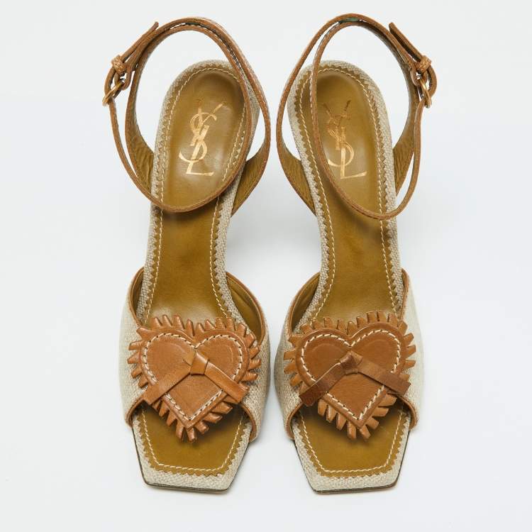 Pre Owned Yves Saint Laurent Beige/Brown Canvas and Leather Ankle Strap Sandals Size 39.5
