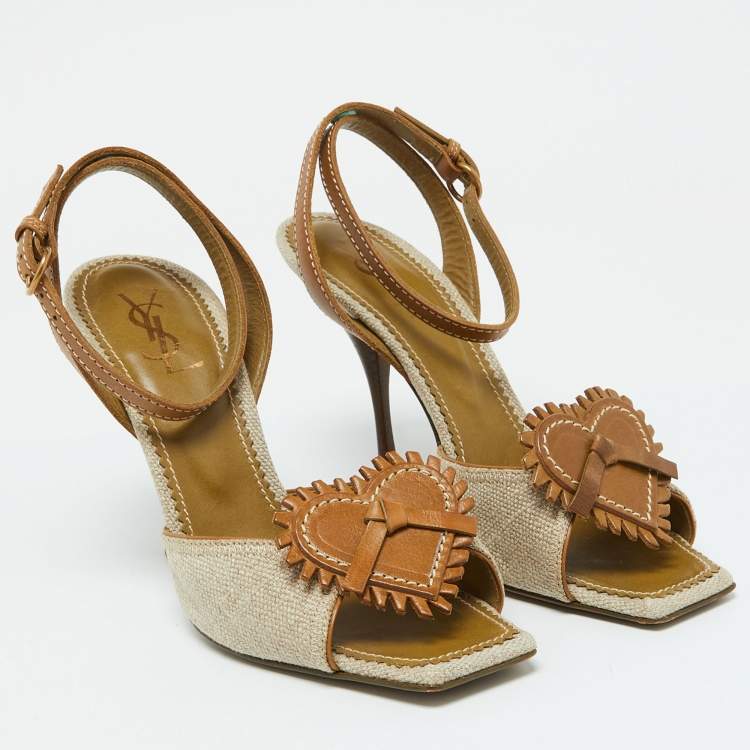 Pre Owned Yves Saint Laurent Beige/Brown Canvas and Leather Ankle Strap Sandals Size 39.5