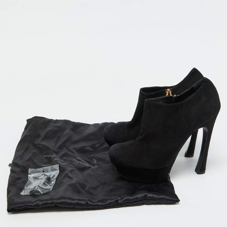 Pre Owned Yves Saint Laurent Black Suede Zip Platform Booties Size 39.5