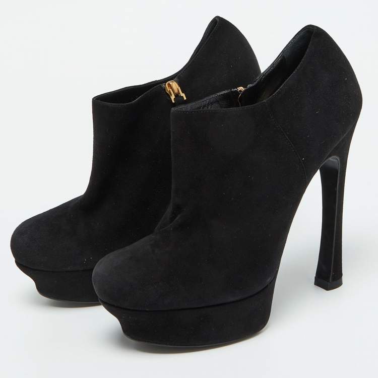 Pre Owned Yves Saint Laurent Black Suede Zip Platform Booties Size 39.5
