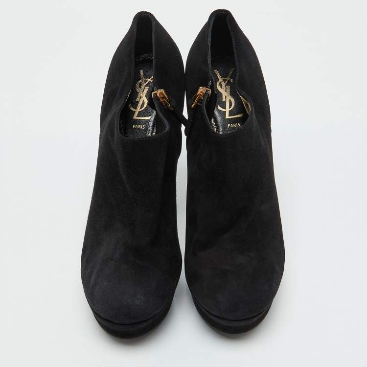 Pre Owned Yves Saint Laurent Black Suede Zip Platform Booties Size 39.5