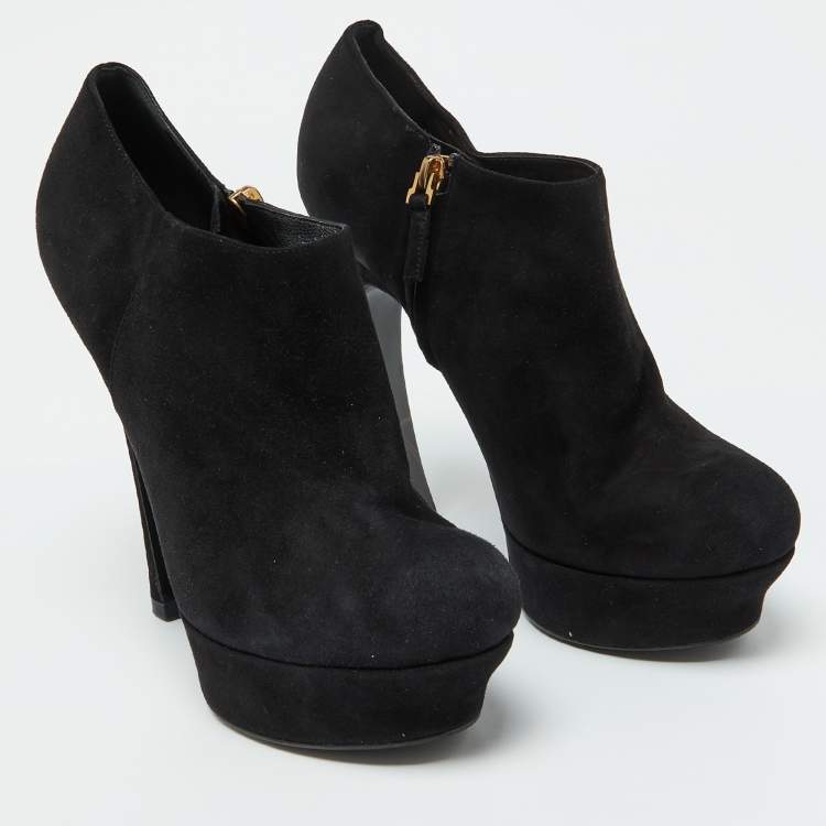 Pre Owned Yves Saint Laurent Black Suede Zip Platform Booties Size 39.5