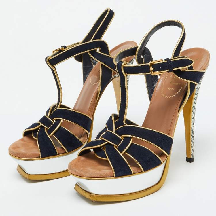 Pre Owned Yves Saint Laurent Navy Blue/Gold Suede Tribute Platform Sandals Size 36