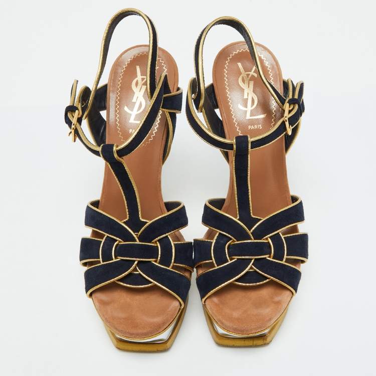 Pre Owned Yves Saint Laurent Navy Blue/Gold Suede Tribute Platform Sandals Size 36