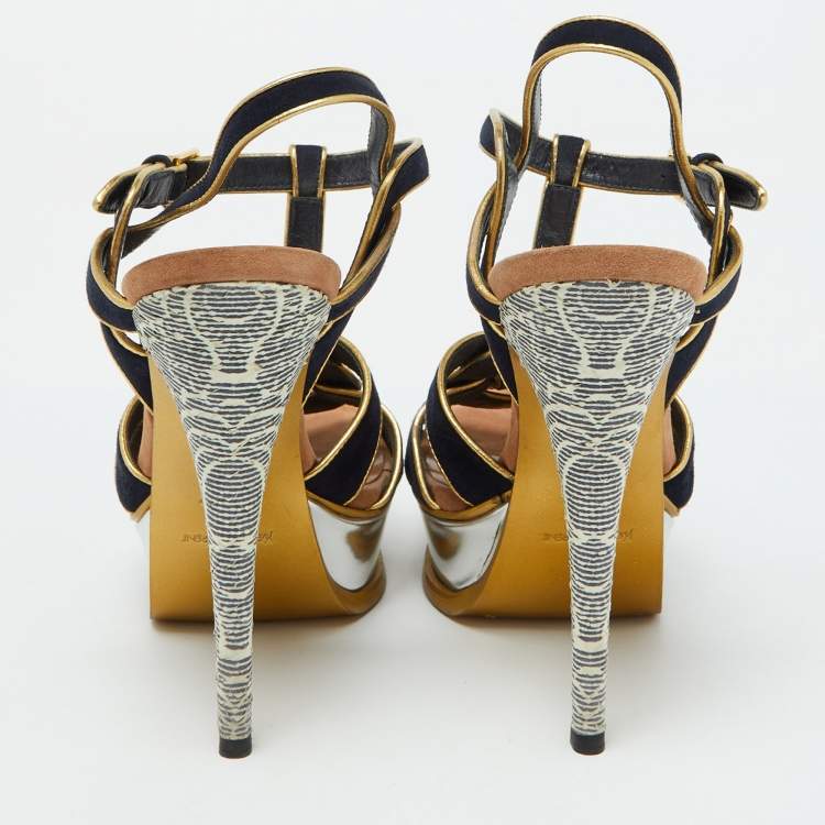 Pre Owned Yves Saint Laurent Navy Blue/Gold Suede Tribute Platform Sandals Size 36