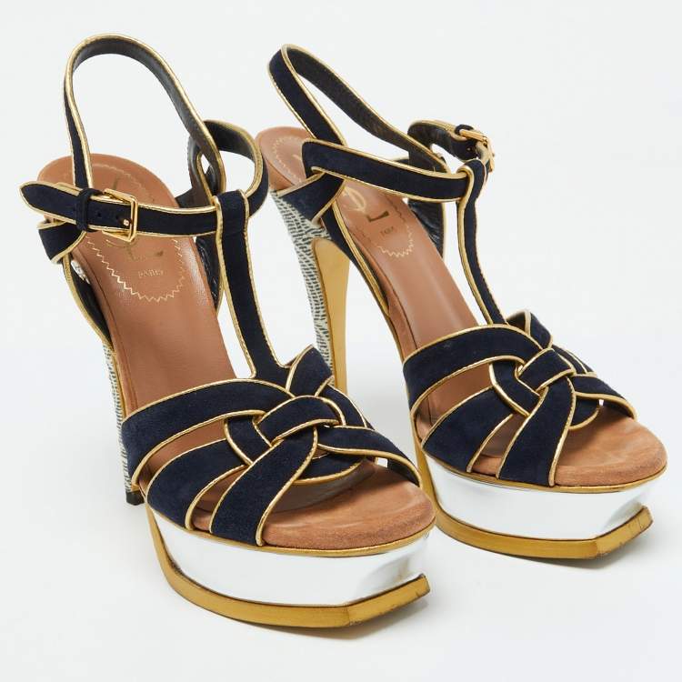 Pre Owned Yves Saint Laurent Navy Blue/Gold Suede Tribute Platform Sandals Size 36
