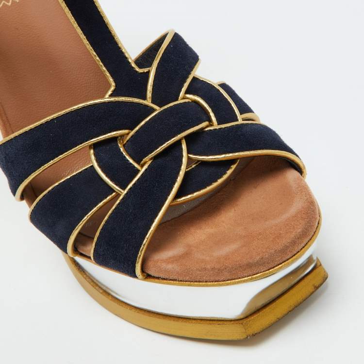 Pre Owned Yves Saint Laurent Navy Blue/Gold Suede Tribute Platform Sandals Size 36