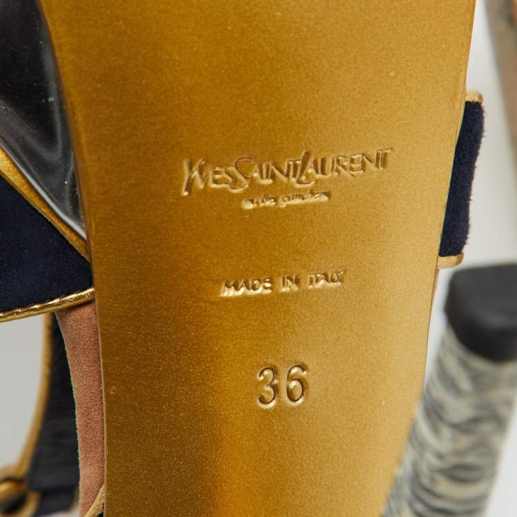 Pre Owned Yves Saint Laurent Navy Blue/Gold Suede Tribute Platform Sandals Size 36