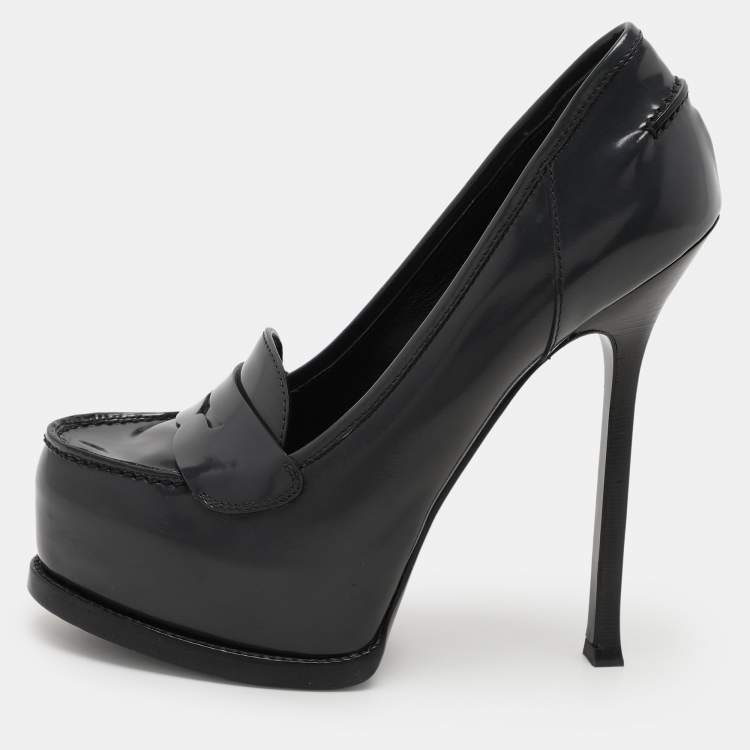 Pre Owned Yves Saint Laurent Grey Leather Tribtoo Platform Loafer Pumps Size 37