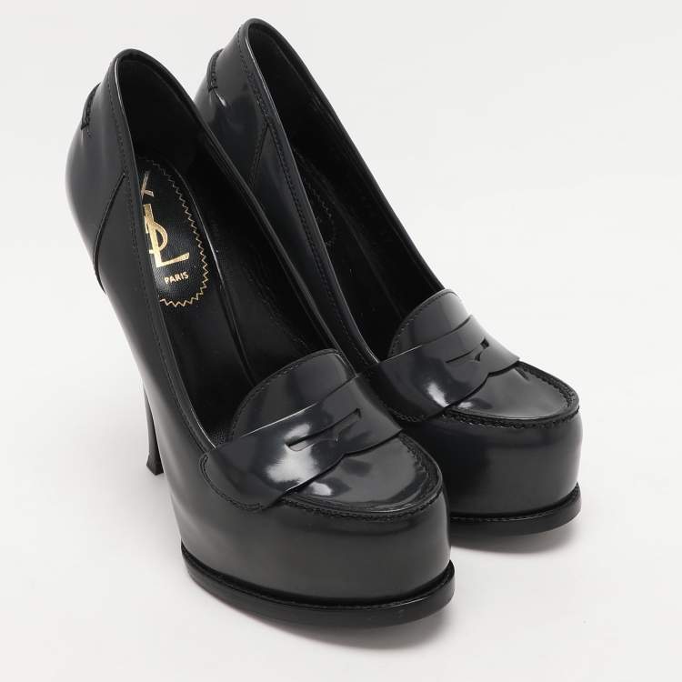 Pre Owned Yves Saint Laurent Grey Leather Tribtoo Platform Loafer Pumps Size 37