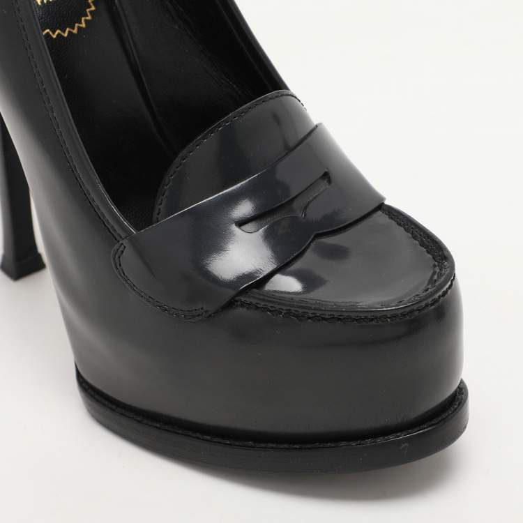 Pre Owned Yves Saint Laurent Grey Leather Tribtoo Platform Loafer Pumps Size 37
