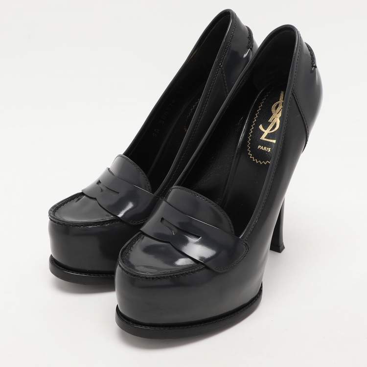 Pre Owned Yves Saint Laurent Grey Leather Tribtoo Platform Loafer Pumps Size 37