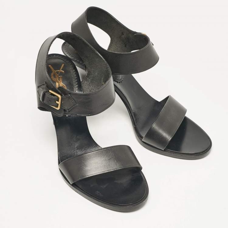 Pre Owned Yves Saint Laurent Black Leather Ankle Strap Sandals Size 38