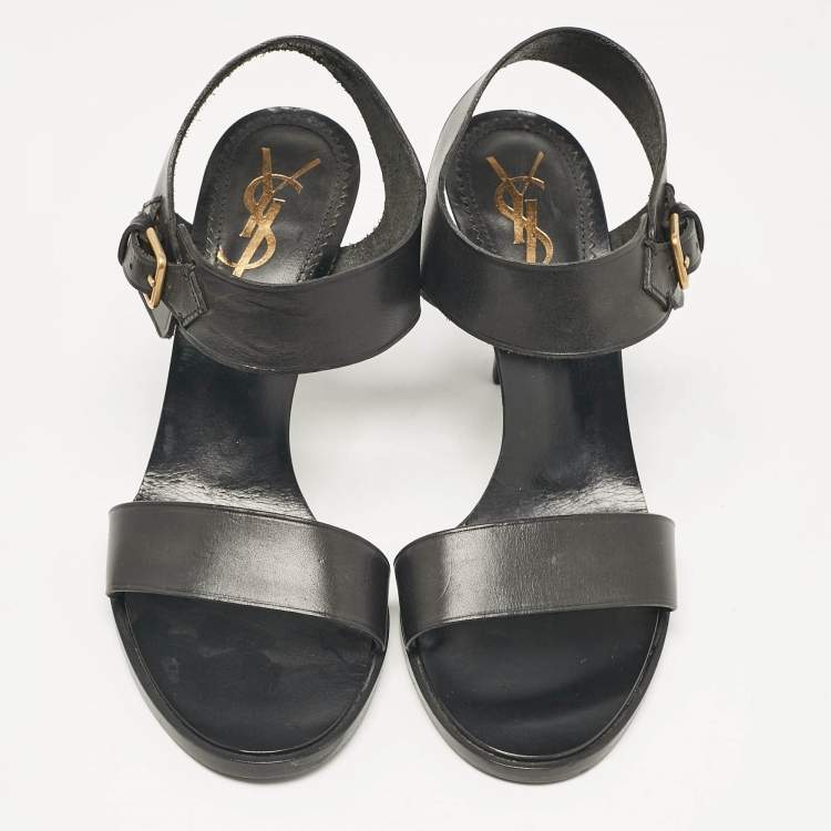 Pre Owned Yves Saint Laurent Black Leather Ankle Strap Sandals Size 38