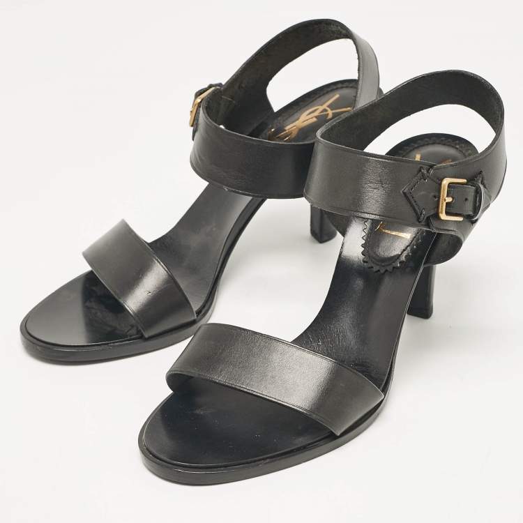 Pre Owned Yves Saint Laurent Black Leather Ankle Strap Sandals Size 38