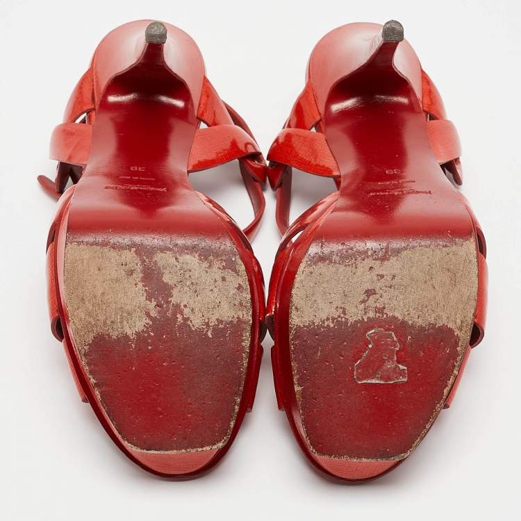 Pre Owned Yves Saint Laurent Red Patent Leather Tribute Platform Sandals Size 39