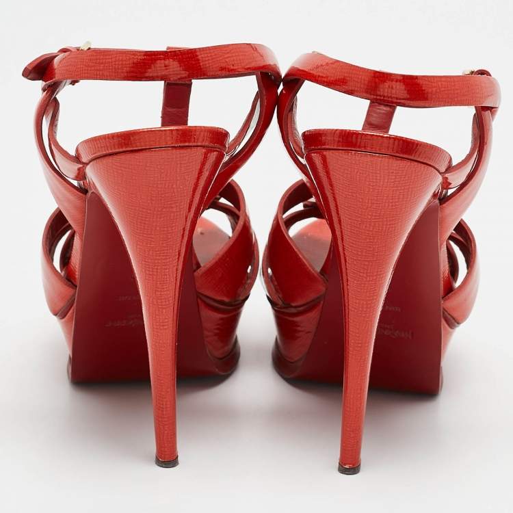 Pre Owned Yves Saint Laurent Red Patent Leather Tribute Platform Sandals Size 39