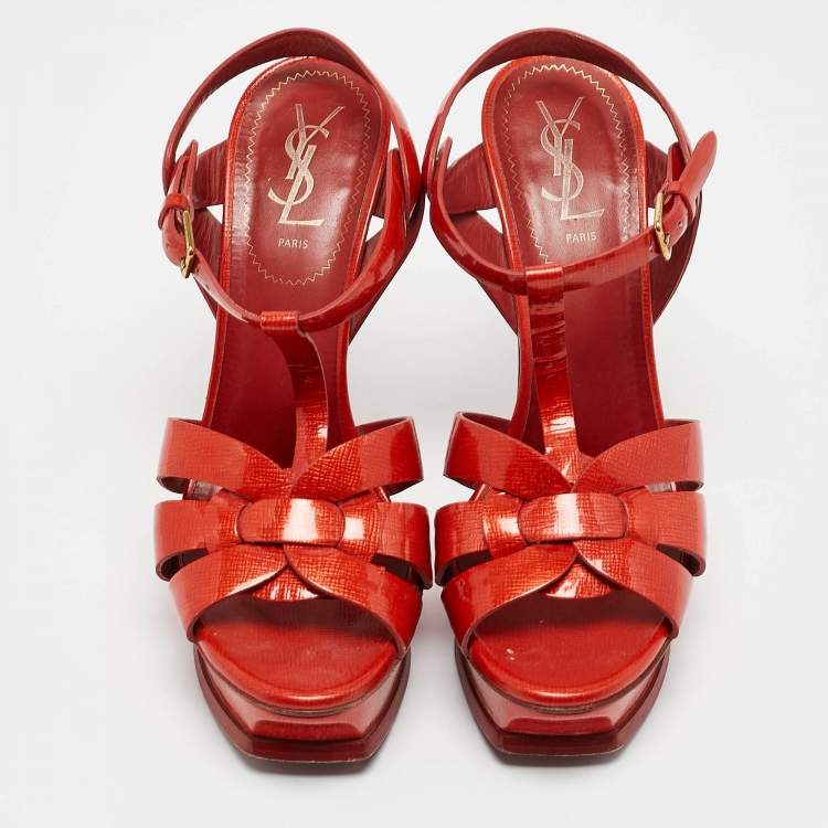 Pre Owned Yves Saint Laurent Red Patent Leather Tribute Platform Sandals Size 39