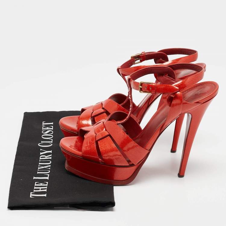 Pre Owned Yves Saint Laurent Red Patent Leather Tribute Platform Sandals Size 39