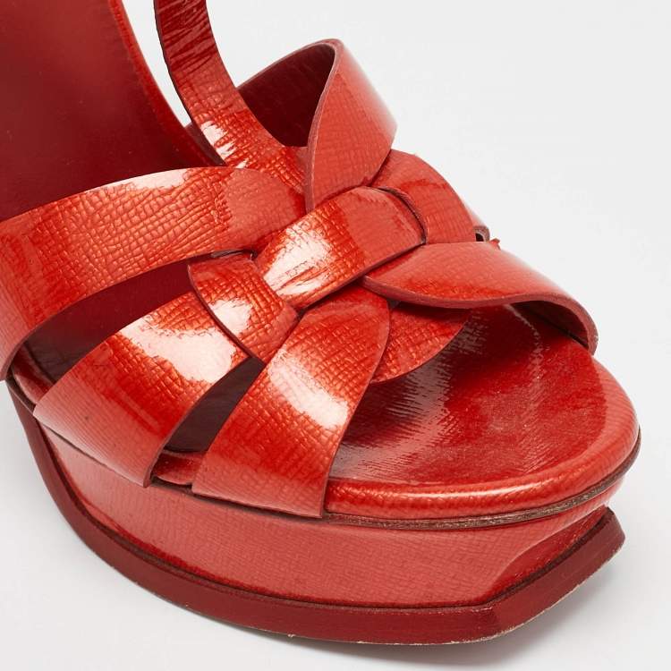 Pre Owned Yves Saint Laurent Red Patent Leather Tribute Platform Sandals Size 39