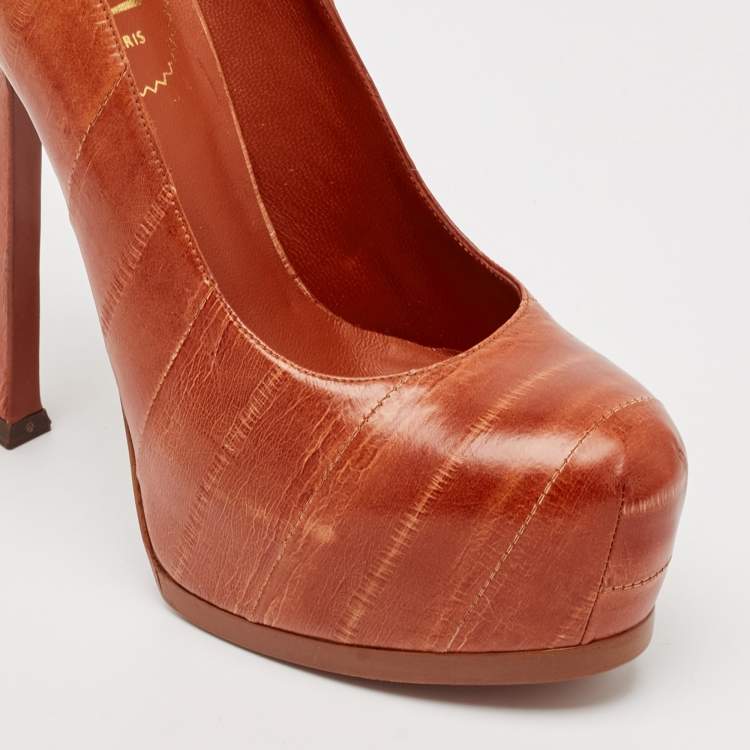 Pre Owned Yves Saint Laurent Brown Leather Platform Pumps Size 37