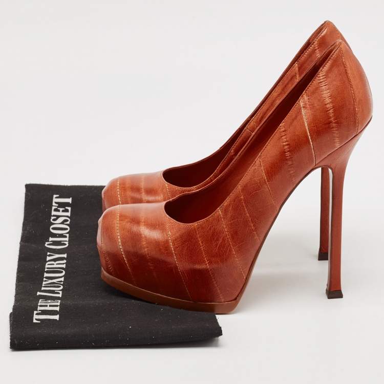 Pre Owned Yves Saint Laurent Brown Leather Platform Pumps Size 37