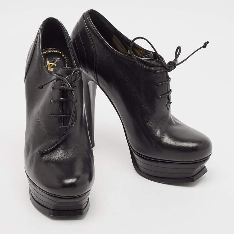 Pre Owned Yves Saint Laurent Black Leather Platform Booties Size 38