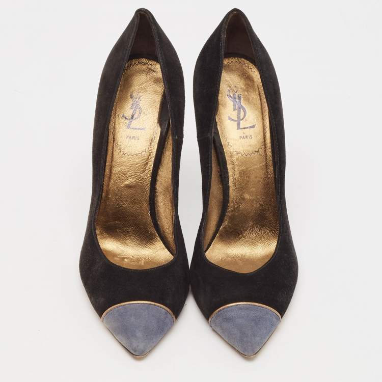 Pre Owned Yves Saint Laurent Black Suede Cap Toe Pointed Toe Pumps Size 38.5