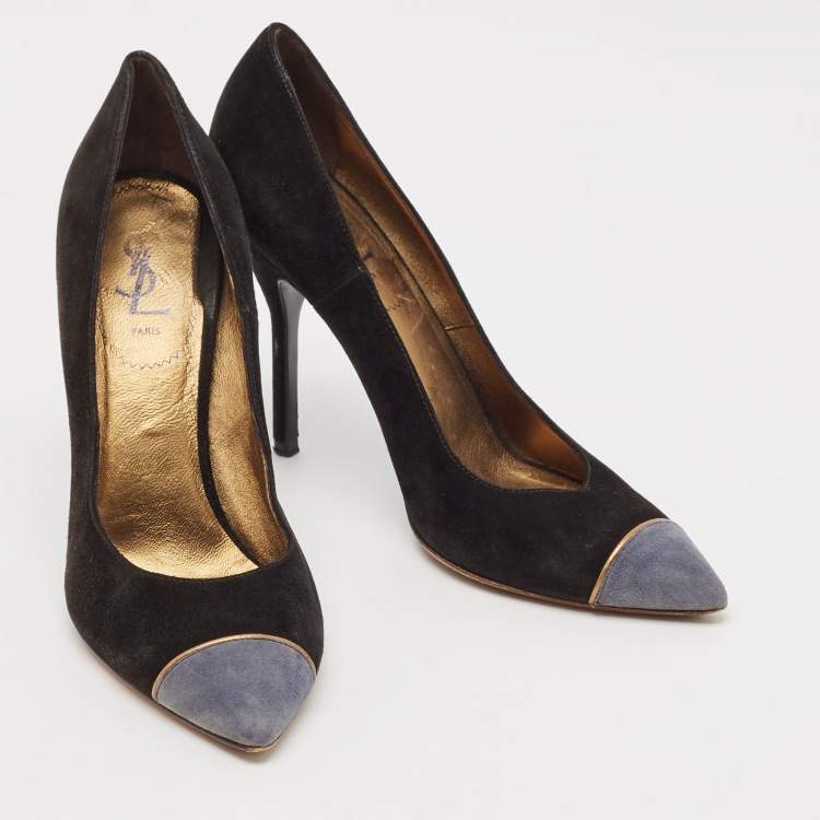 Pre Owned Yves Saint Laurent Black Suede Cap Toe Pointed Toe Pumps Size 38.5