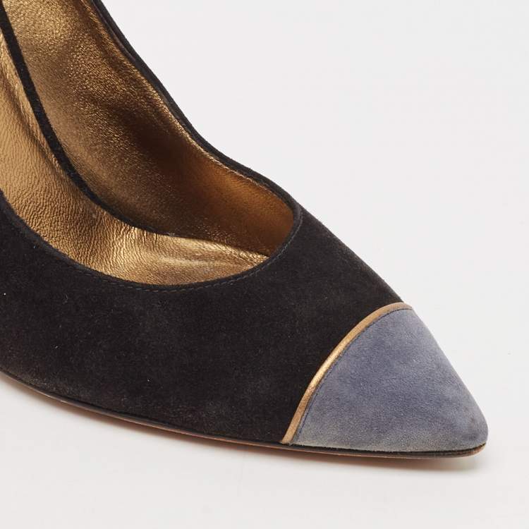 Pre Owned Yves Saint Laurent Black Suede Cap Toe Pointed Toe Pumps Size 38.5