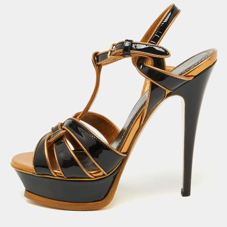 Pre Owned Yves Saint Laurent Black/Gold Patent Leather and Leather Tribute Platform Sandals Size 36.5