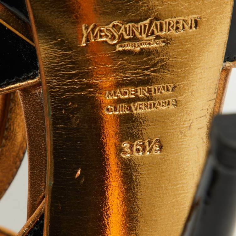 Pre Owned Yves Saint Laurent Black/Gold Patent Leather and Leather Tribute Platform Sandals Size 36.5