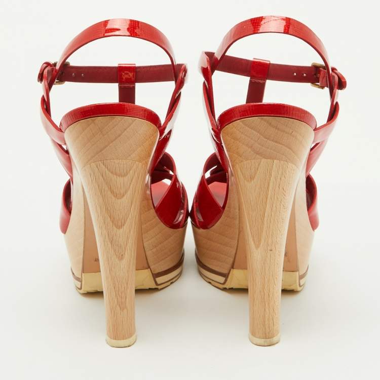 Pre Owned Yves Saint Laurent Red Patent Leather Wood Tribute Platform Sandals Size 37.5