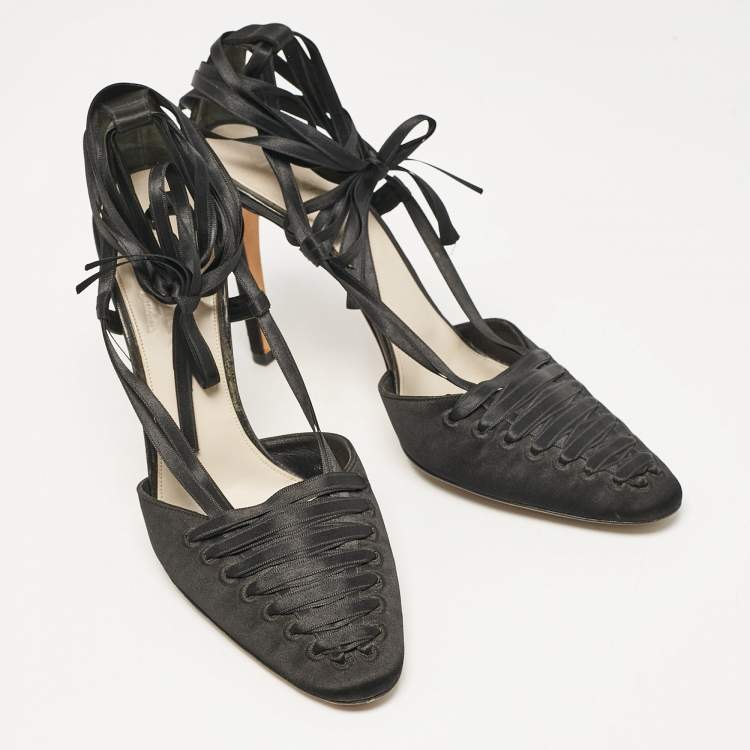 Pre Owned Yves Saint Laurent Black Satin Ankle Wrap Sandals Size 38.5