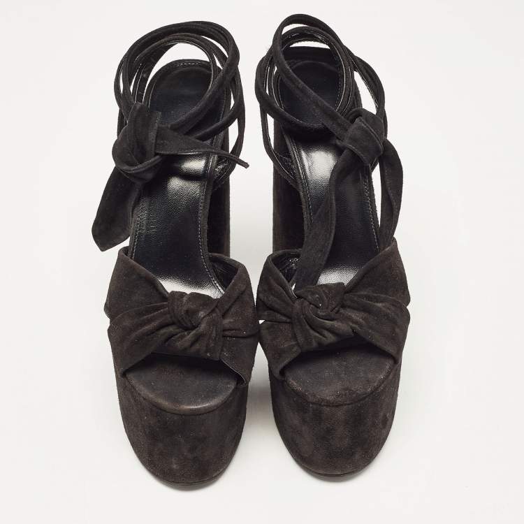 Pre Owned Yves Saint Laurent Black Suede Ankle Strap Sandals Size 37