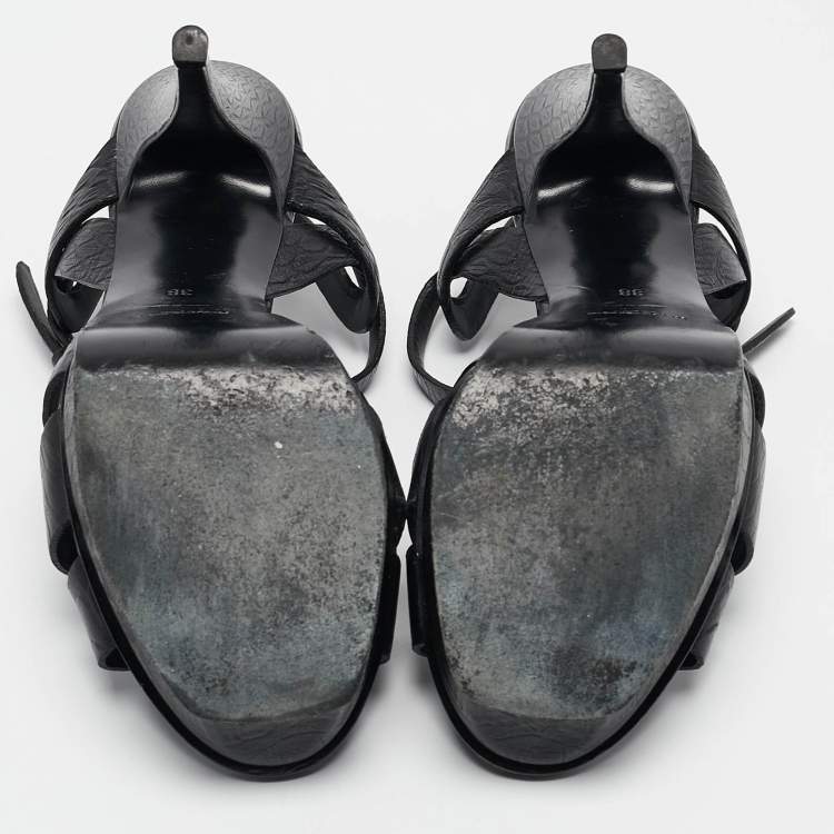 Pre Owned Yves Saint Laurent Black Embossed Leather Tribute Platform Sandals Size 38