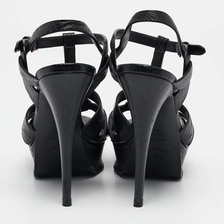 Pre Owned Yves Saint Laurent Black Embossed Leather Tribute Platform Sandals Size 38