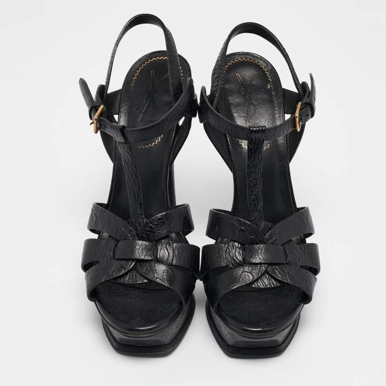 Pre Owned Yves Saint Laurent Black Embossed Leather Tribute Platform Sandals Size 38