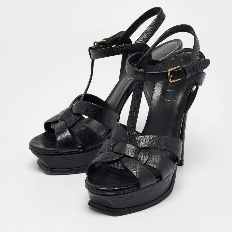 Pre Owned Yves Saint Laurent Black Embossed Leather Tribute Platform Sandals Size 38