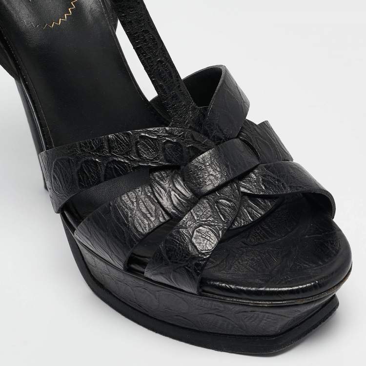 Pre Owned Yves Saint Laurent Black Embossed Leather Tribute Platform Sandals Size 38