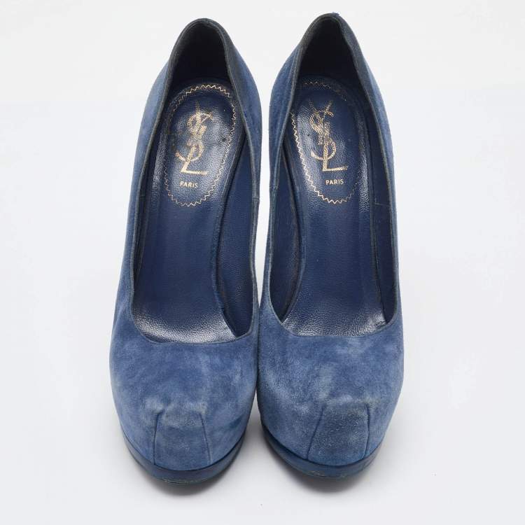 Pre Owned Yves Saint Laurent Blue Suede Tribtoo Platform Pumps Size 36.5