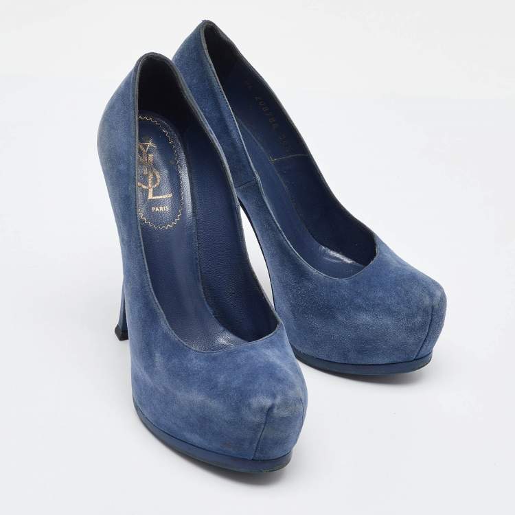 Pre Owned Yves Saint Laurent Blue Suede Tribtoo Platform Pumps Size 36.5