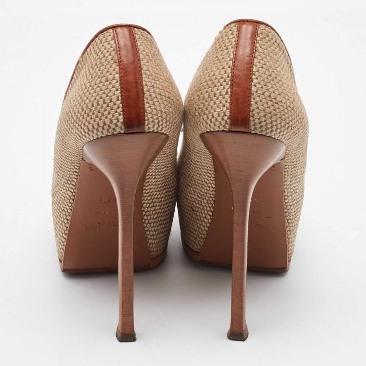 Pre Owned Yves Saint Laurent Beige/Brown Jute and Leather Tribtoo Platform Pumps Size 38.5