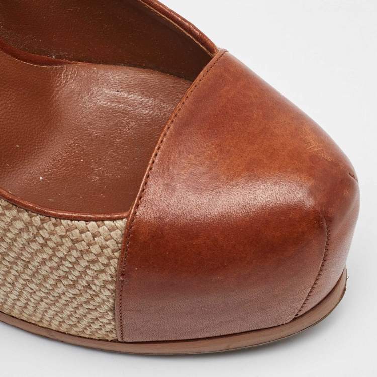 Pre Owned Yves Saint Laurent Beige/Brown Jute and Leather Tribtoo Platform Pumps Size 38.5