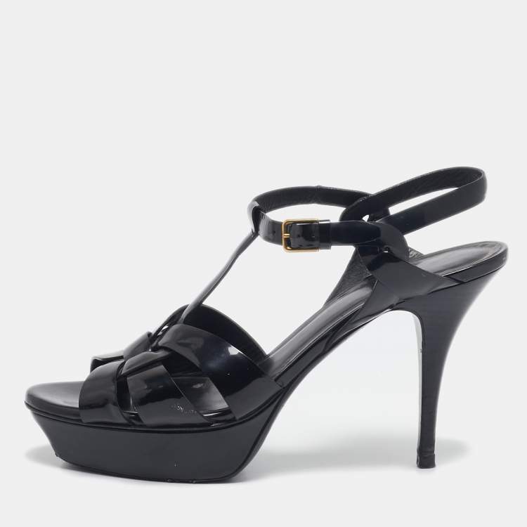 Pre Owned Yves Saint Laurent Black Patent Leather Ankle Strap Sandals Size 39