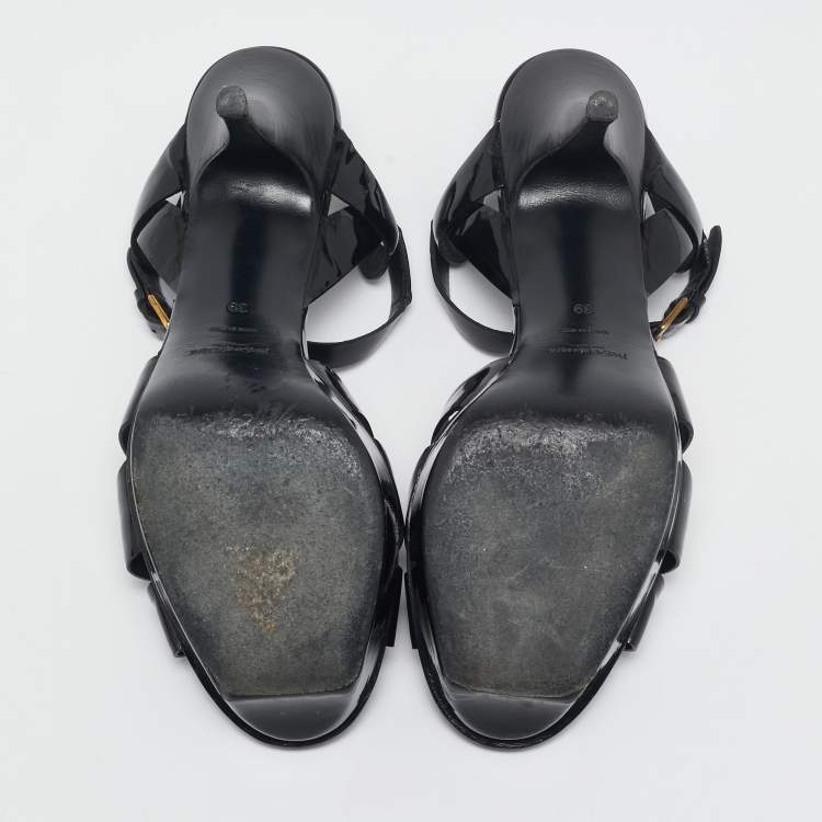 Pre Owned Yves Saint Laurent Black Patent Leather Ankle Strap Sandals Size 39
