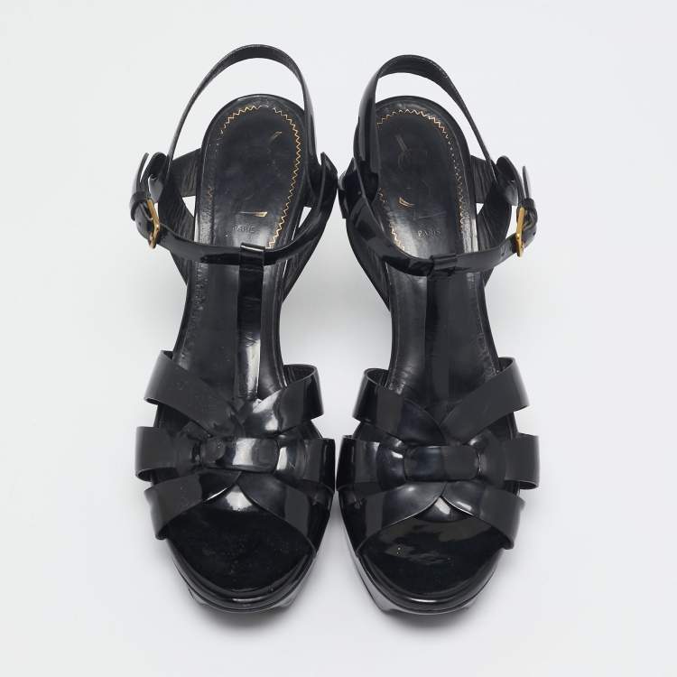 Pre Owned Yves Saint Laurent Black Patent Leather Ankle Strap Sandals Size 39