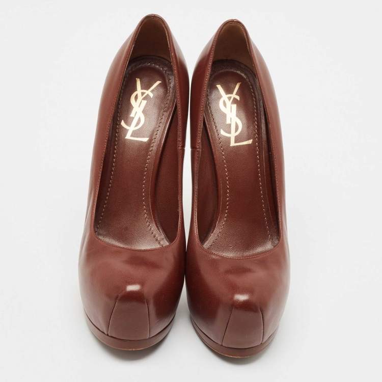 Pre Owned Yves Saint Laurent Brown Leather Tribtoo Platform Pumps Size 38