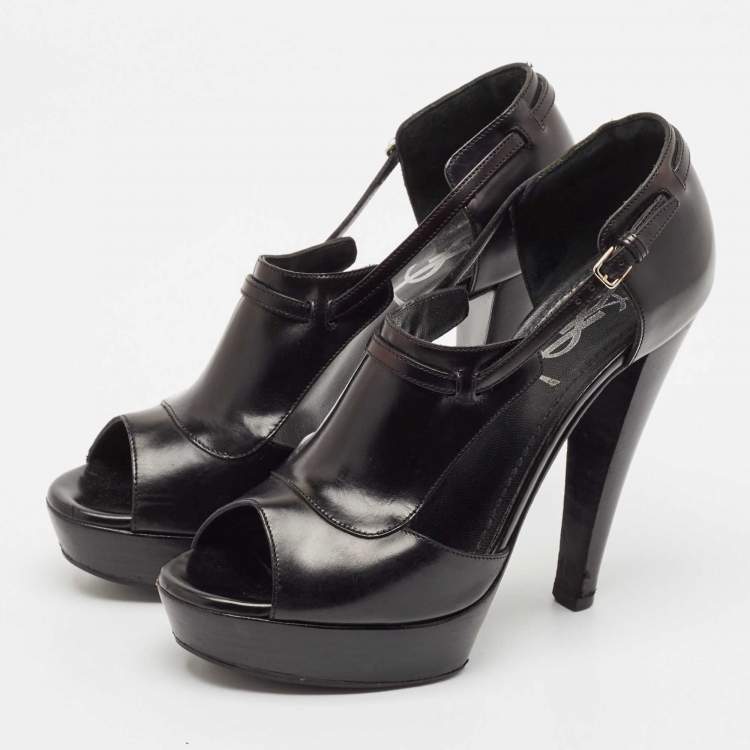 Pre Owned Yves Saint Laurent Black Leather T-Strap Platform Sandals Size 36